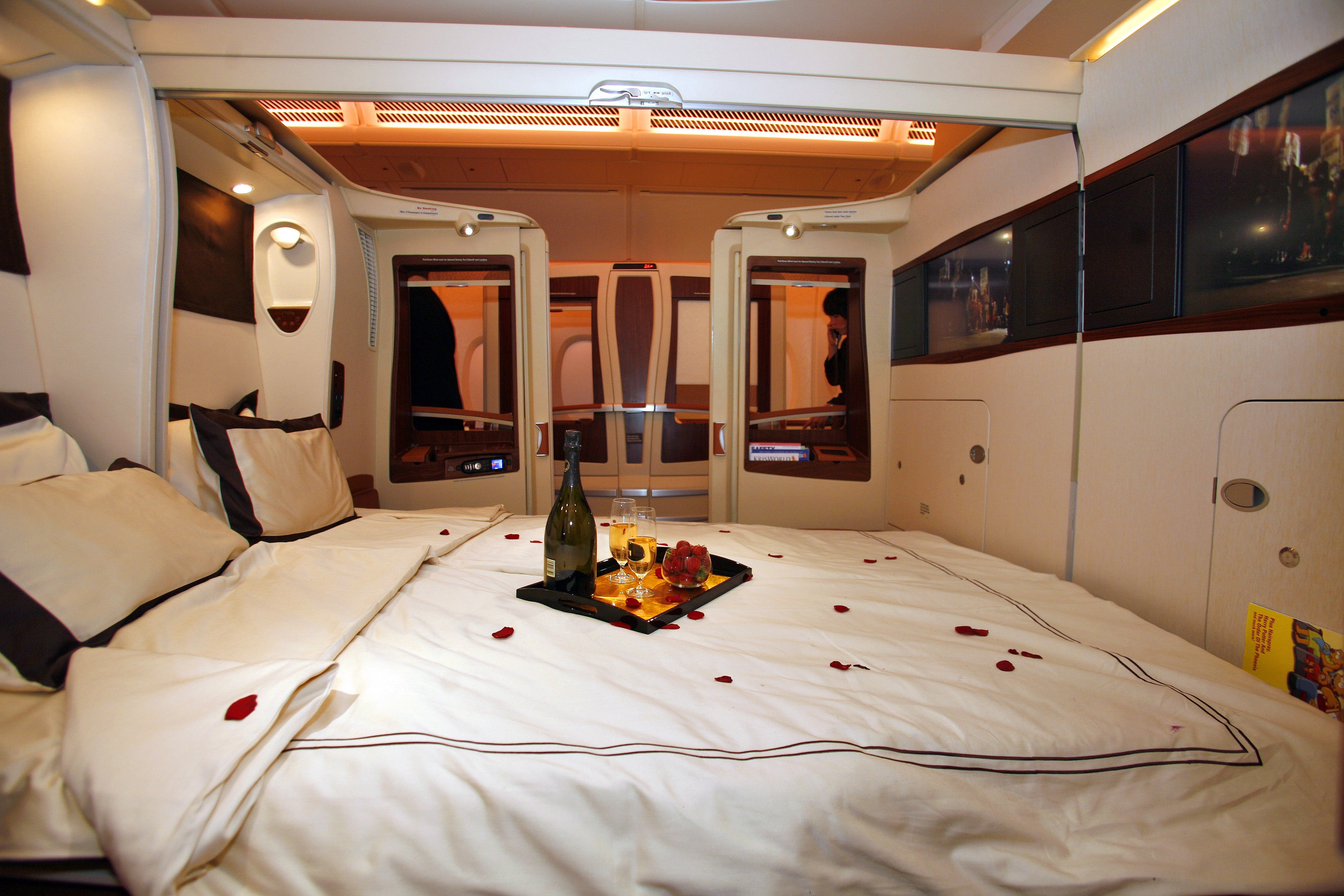 TOULOUSE, FRANCE - OCTOBER 15: A general view of inside the first class twin cabin section of the new Singapre Airlines Airbus A380 on October 15, 2007 in Toulouse, France. The first A380, the world's biggest passenger jet, is set to enter commercial service when delivered to Singapore Airlines' fleet, following a troubled production and an 18 month delay. (Photo by Pascal Parrot/Getty Images)